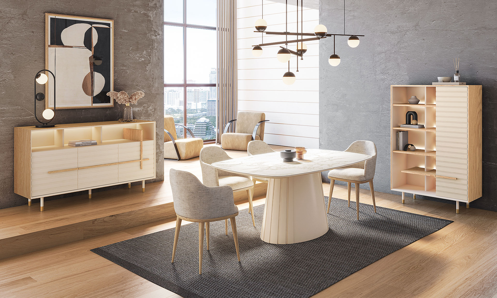 Photo d'ambiance présentant une salle à manger avec une enfilade, une table de repas, un meuble d'appui et des chaises. L'ensemble est en finition chêne nature ainsi que laque mat blanc.